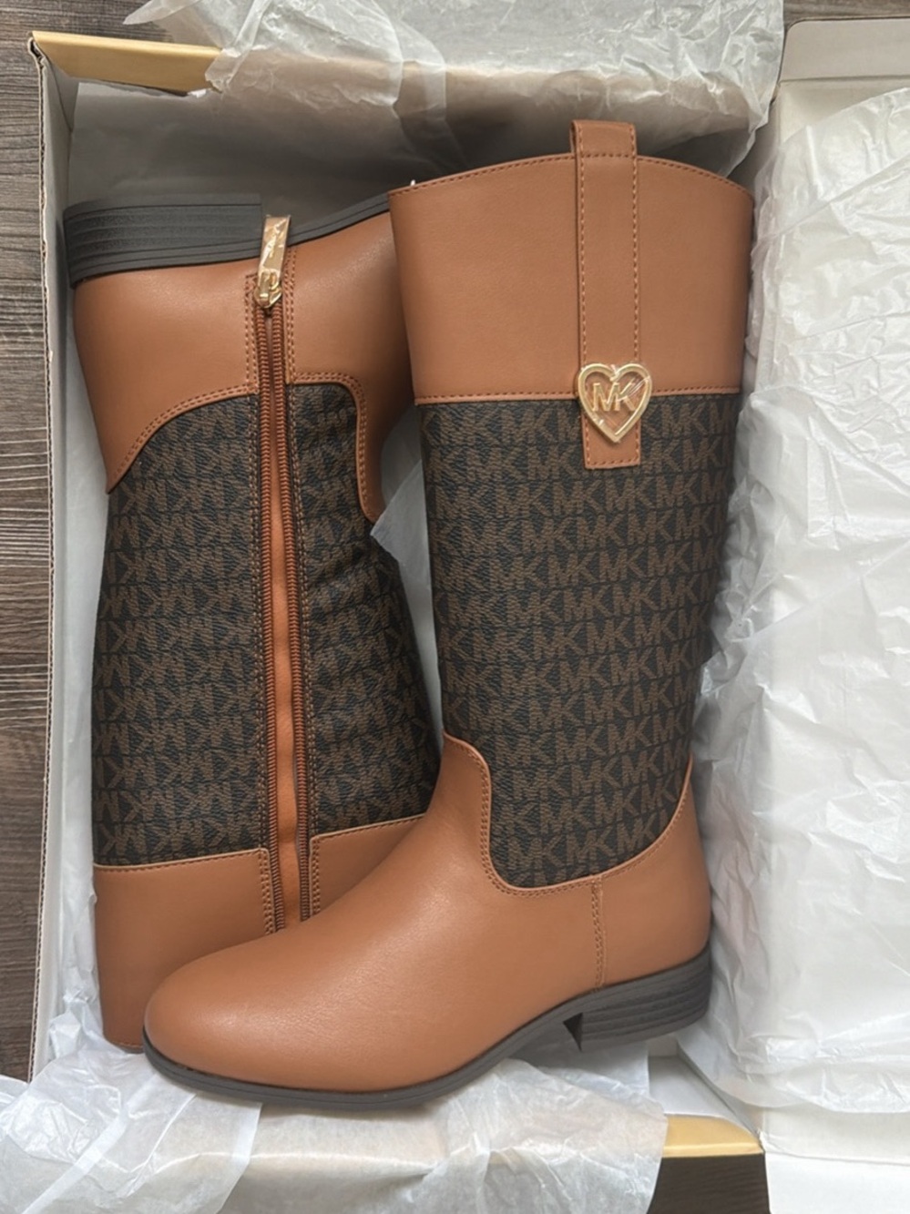 Michael Kors Tan & Brown MK Logo Mid-Calf Boots with Gold Heart Charm